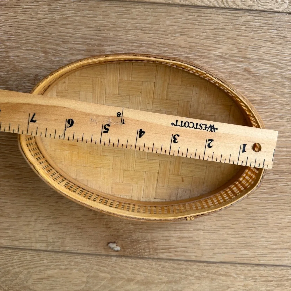 Vintage Woven Bamboo Oval Trinket Box with Lid Natural Wood Boho Storage 7.5in